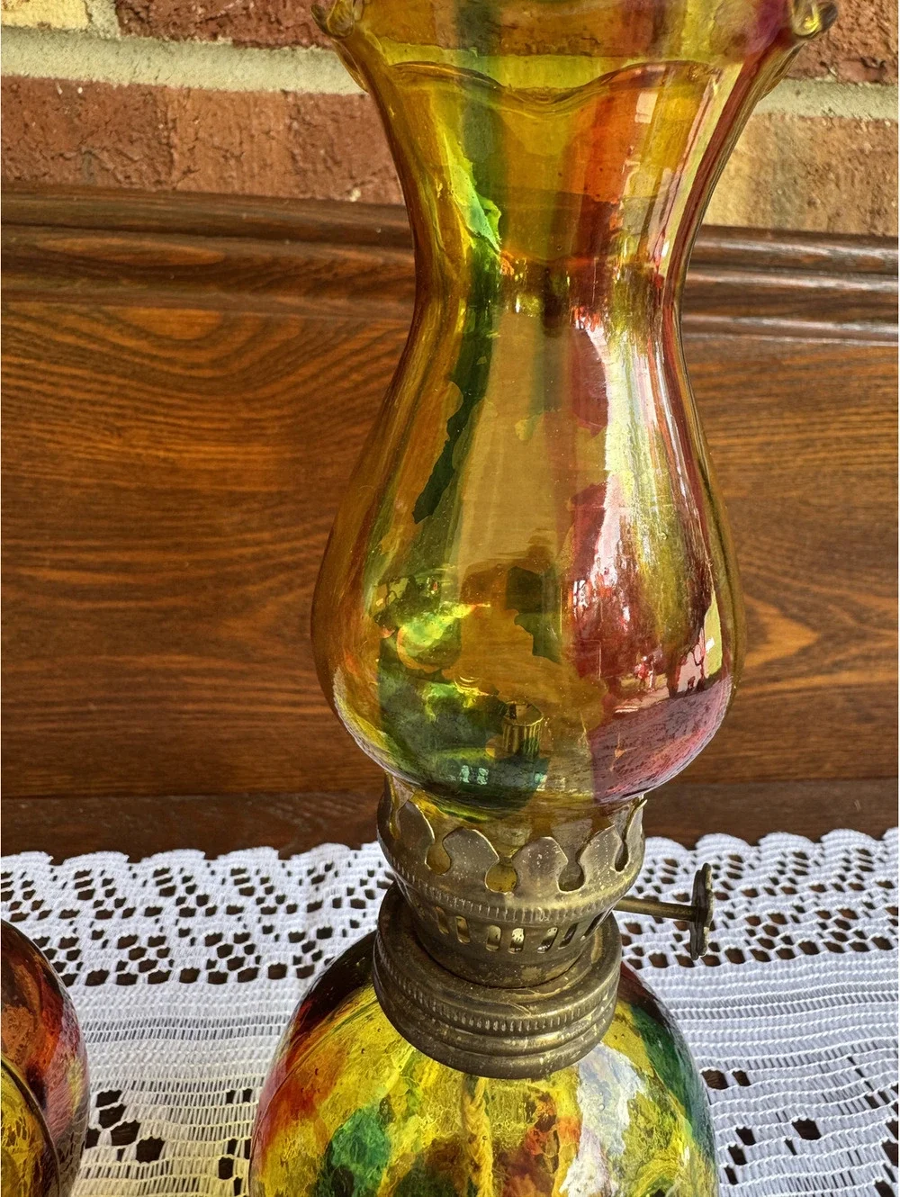 Pair of Vintage Colorful Vintage Glass Oil Lamps
